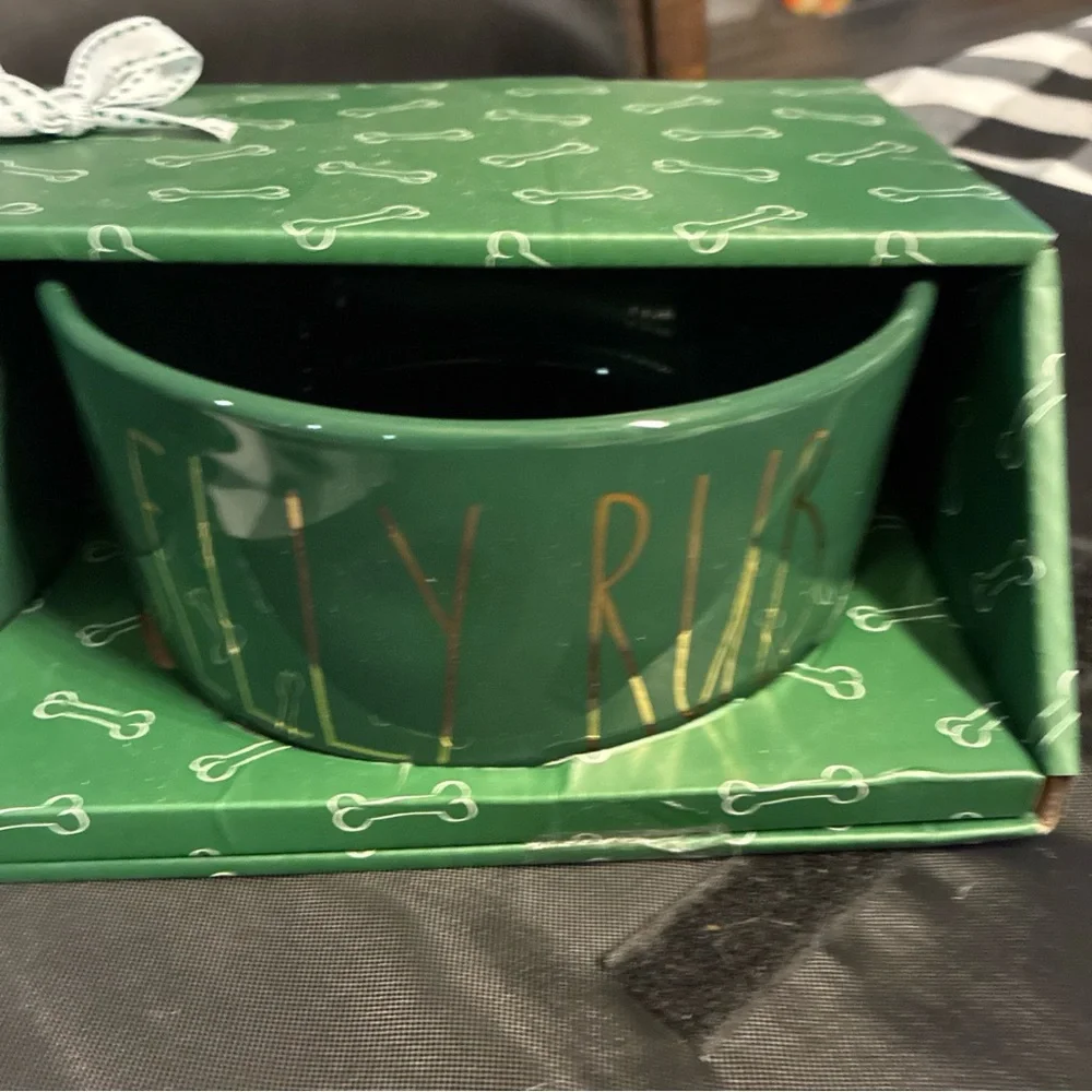 Green Ceramic Dog Bowls with Gold Lettering